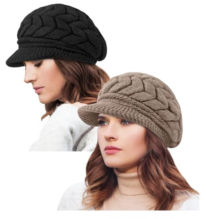 YSense 2 Pack Womens Winter Hats Warm Knit Beanie with Visor - color: Black Coffee