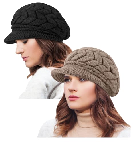 YSense 2 Pack Womens Winter Hats Warm Knit Beanie with Visor - color: Black Coffee