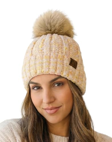 C.C Women’s Popcorn Confetti Knit Beanie Fuzzy Insulated Lined with Faux Fur Pom – Warm Winter Hat & Cozy Skull Cap - color: Ivory