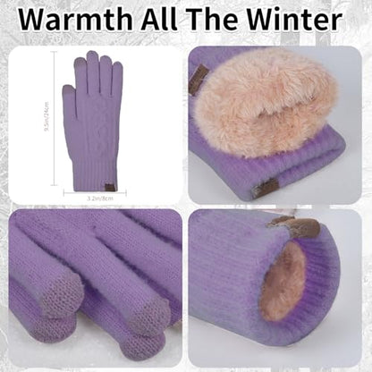 Winter Hat Scarf Gloves Set for Women, Classic Cable Beanie with Removable Pom Pom Long Scarf Touchscreen Gloves 3 in 1 Set - color: Purple