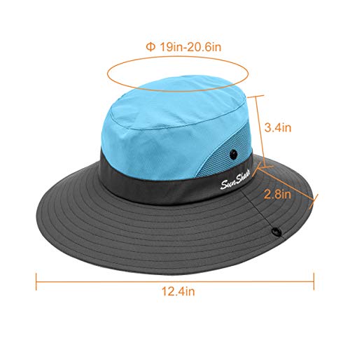 IYEBRAO Kids UV Sun Hat with Ponytail Hole UPF 50 Bucket Cap for Girls Summer Beach ＆ Fishing - color: Sky Blue