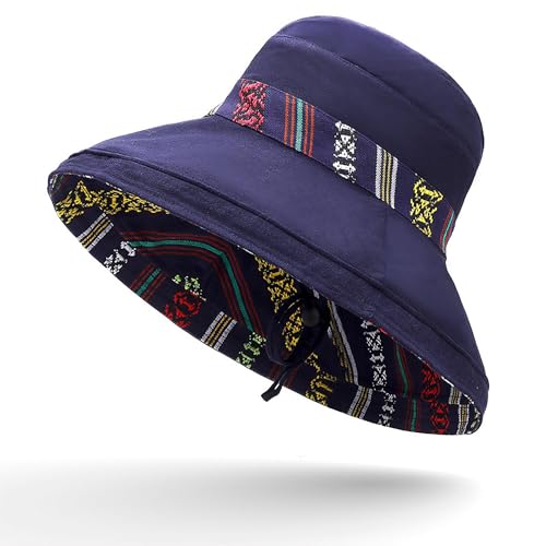 Wide Brim Sun Hat for Women Reversible Beach Hats Metal Wired Edge Gardening Hats, UPF 50+ Bucket Summer Hat - color: Navy Boho-style