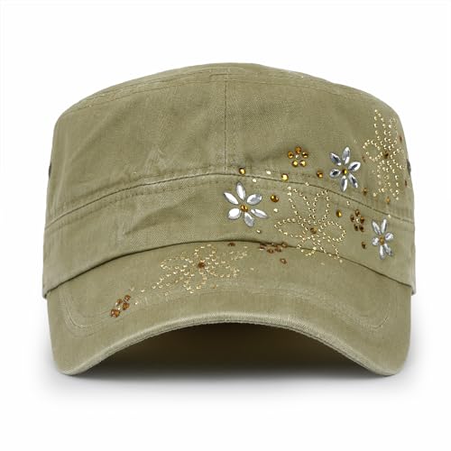 ililily Rhinestone Cotton Cadet Cap Vintage Distressed Cotton Military Army Hat - color: Olive / Gold