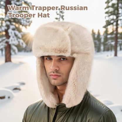 Cozy Plush Winter Hats Men Women Trapper Trooper Hat with Earflaps Windproof Russian Ushanka Hats Outdoor Skiing Cap - color: Beige