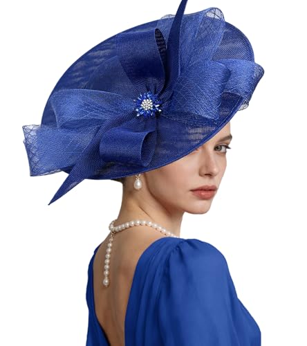 Kgromfy Women's Wide Brim Fascinator Hat Tea Party Headband Large Vintage Church Hat Lady Headwear for Derby Wedding Cocktail - color: Royal Blue