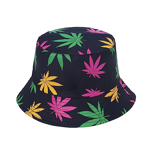 Punk Black Green Red Leaf Weed Fisherman Caps Bucket Hats Hip Hop Gorro Outdoor Men - color: Navy Rainbow
