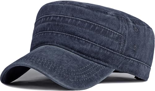 Cadet Army Cap Washed Military Army Hat Vintage Flat Top Hat for Women Men - color: Navy