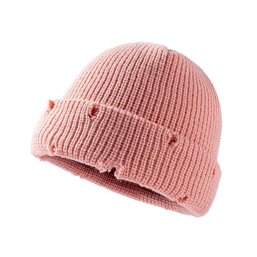 Unisex Warm Knit Skull Cap Hip-hop Slouchy Ripped Knitted Hat - color: Pink