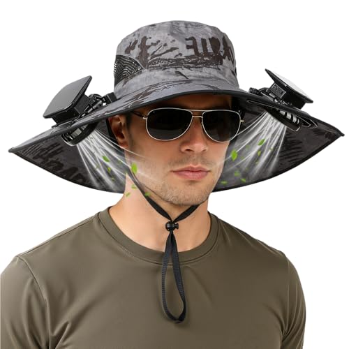 Hat with Fans Solar Power, UPF 50+ Wide Brim Sun Hat, Fishing Essentials for Hiking Beach Summer Safari - color: Camouflage Gray