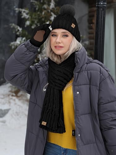 Winter Hat Scarf Gloves Set, Fleece Lined Cable Knit Pompom Hat Women Gift - color: Black