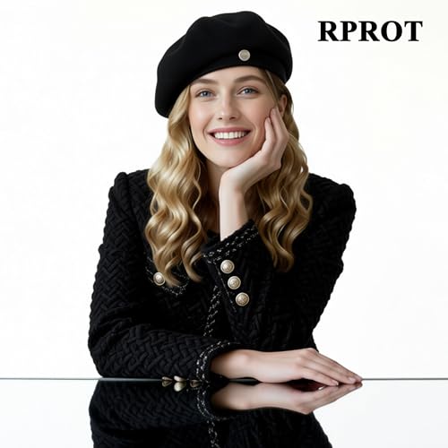 Sophisticated French Chic Women's Wool Blend Beret with Metal Detail - Artist Hat for Style & Creative 21.7-22.8 in