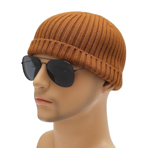 ZLYC Men Winter Knit Fisherman Beanie Hat Fashion Warm Daily Skull Cap - color: Solid Brown