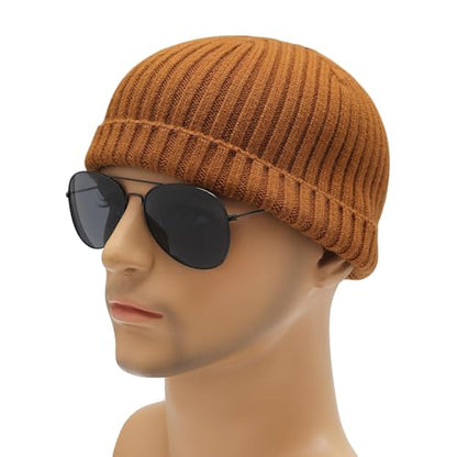 ZLYC Men Winter Knit Fisherman Beanie Hat Fashion Warm Daily Skull Cap - color: Solid Brown