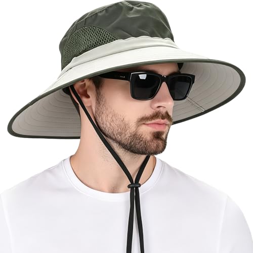 Wide Brim Sun Bucket Hat, Waterproof Boonie Hat for Men & Women - color: 02 Beige+army Green