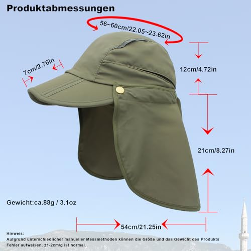 Hat with Neck Protection Detachable Multi-Purpose Summer Sun Hat Sun Protection Breathable Quick Dry UV Protection - color: Army Green, size: Large