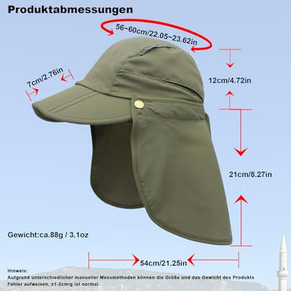 Hat with Neck Protection Detachable Multi-Purpose Summer Sun Hat Sun Protection Breathable Quick Dry UV Protection - color: Army Green, size: Large