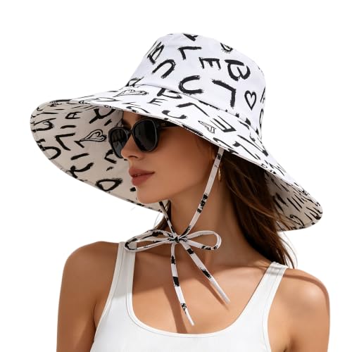 Women's Wide Brim Sun Hat Foldable Fisherman Hat Summer Hat for Beach Travel Outdoor Fashion Lightweight Packable Cap - color: Alphabet White