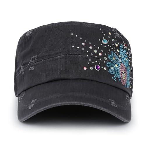 ililily Rhinestone Cotton Cadet Cap Vintage Distressed Cotton Military Army Hat - color: Charcoal-sunflower