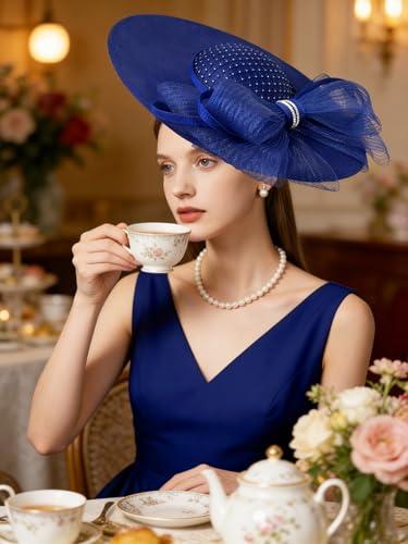 dressfan Wide Brim Fascinator Hats for Women,20s Linen Rhinestones Bow Big Hat for Derby Church Wedding Tea Party - color: Royal Blue