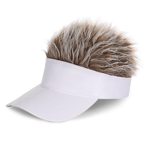 Adjustable Sun Visor Hat with Wig Spiked Hairs Fashion Baseball Golf Cap for Men & Women - color: White+brown Hair