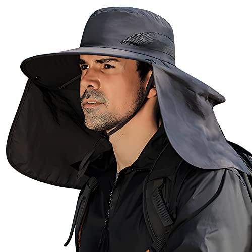 DOCVIT Fishing Hat for Men&Women,Outdoor UV Waterproof Wide Brim Bucket Hat,UPF50+ Sun Hat with Neck Flap - color: Dark Grey