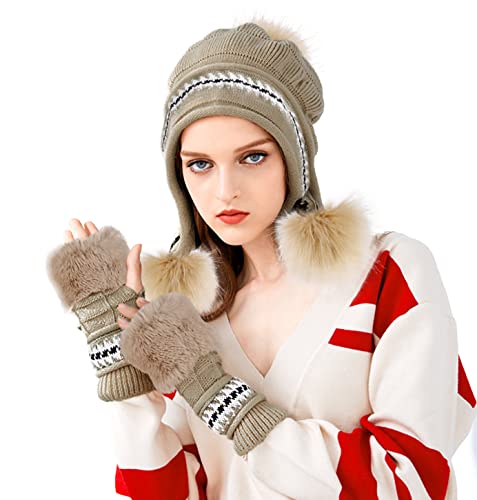 Bellady Women Knit Beanie Winter Ski Hat Cap with Earflap Pom Glove Set - color: Khaki