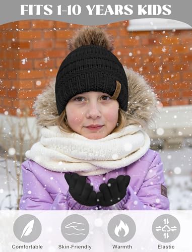 Kids Winter Hat Gloves Scarf Set, Boys and Girls Beanie Hat - color: Black