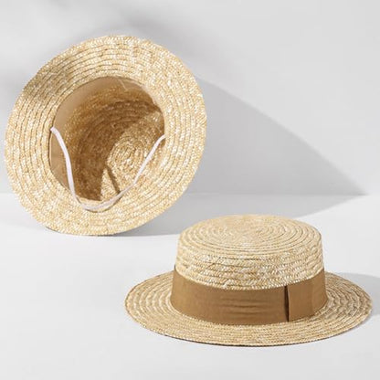 Girls Straw Boater Hat Kids Beach Hats Toddler Natural Wheat Straw Skimmer Hat Boys Handmade Flat Crown Sun Hats - color: Black