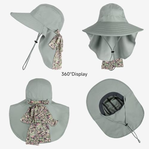 Solaris UPF 50+ Wide Brim Sun Hat for Women - Small Size Packable Lightweight, Floral Scarf Cooling Hat with Neck Flap - color: #1 Gray