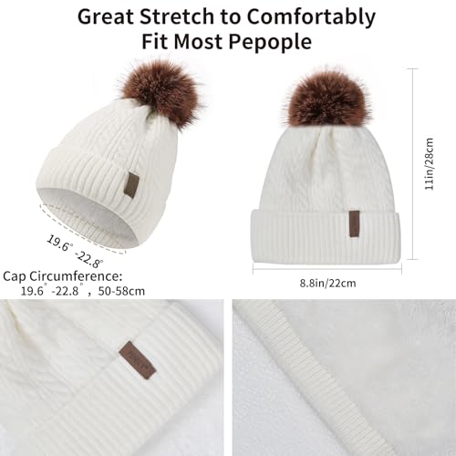 Winter Hat Scarf Gloves Set for Women, Classic Cable Beanie with Removable Pom Pom Long Scarf Touchscreen Gloves 3 in 1 Set - color: White