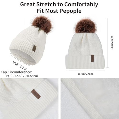 Winter Hat Scarf Gloves Set for Women, Classic Cable Beanie with Removable Pom Pom Long Scarf Touchscreen Gloves 3 in 1 Set - color: White
