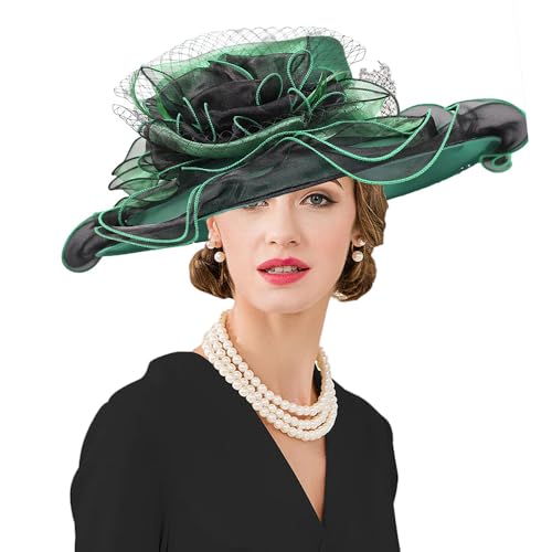 Kentucky Organza Derby Top Hats for Women Sun Visor Cap Ladies Flowers Bride Weeding Fascinators Wide Brim Fedoras - color: Dark Green