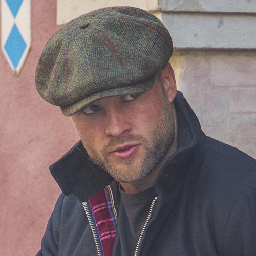 Sterkowski Shelby | 100% Harris Tweed Newsboy Cap for Men | 8 Panel Peaky Style Hat - color: Green/Red Check, size: 7 1/8
