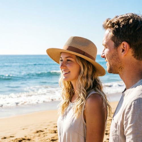 DRESHOW Women Straw Panama Hat Travel Fedora Beach Sun Hat Summer Wide Brim Straw Roll up Hats UPF 50+ - color: Fedora a Khaki (Brown Hatband)