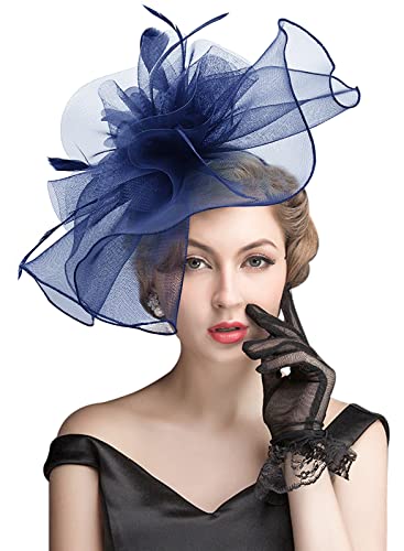 Z&X Sinamay Fascinator Hat Floral Feather Pillbox Derby Hats for Women Wedding Tea Party with Headband Clip - color: 006b Navy Blue