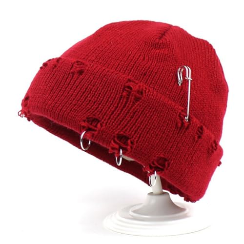 Distressed Ring Beanie Hat for Women Men Slouchy Skull Cap - color: Red