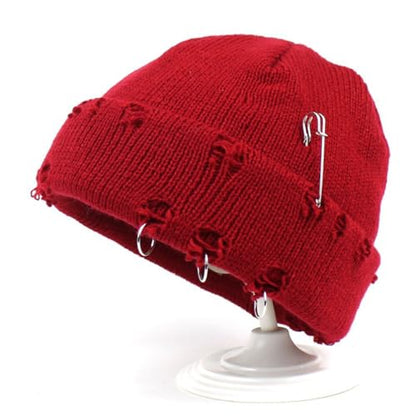 Distressed Ring Beanie Hat for Women Men Slouchy Skull Cap - color: Red