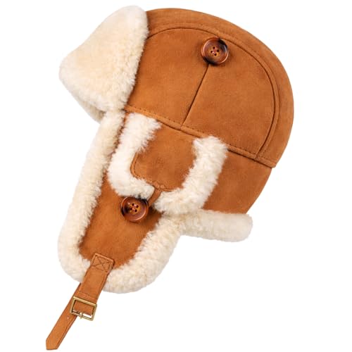Winter Trapper Fur Hat for Women Men - Trooper Aviator Genuine Leather Shearling Sheepskin Ushanka Hat - color: Cognac, size: Medium