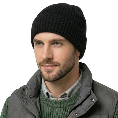 ZLYC Men Winter Knit Fisherman Beanie Hat Fashion Warm Daily Skull Cap - color: Cuffed Charcoal and Black