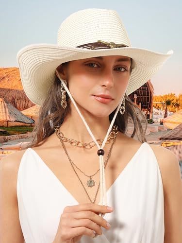 Straw Cowboy Sun Hat Western Cowgirl Women Men with Windproof Chin Strap - color: 크리미 화이트.