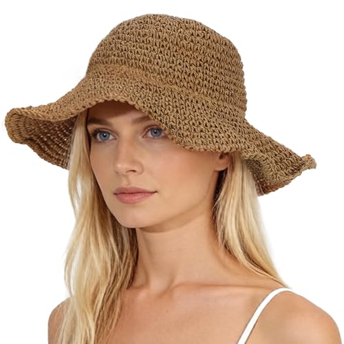 Oweisong Sun Hats for Women Wide Brim Floppy Beach Hats Packable Boho Crochet Straw Hat for Summer Vacation Travel - color: Khaki