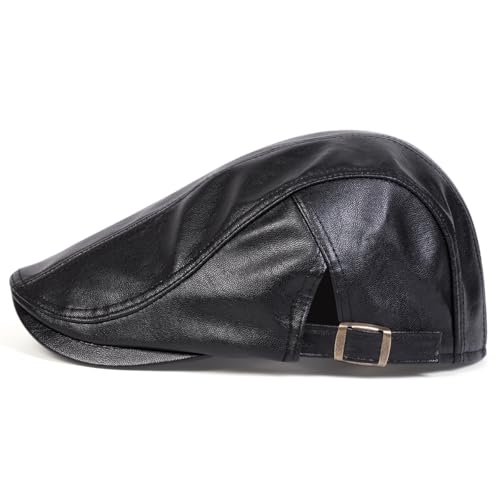 Newsboy Cap for Men, Flat Cap, PU Leather Hat - color: Buckle| Black