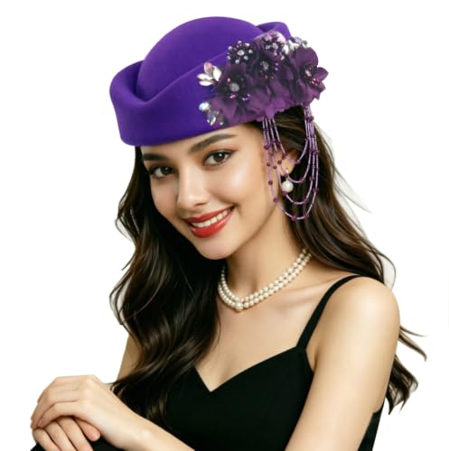 ORIDOOR Women's American and British Felt hat Church Derby Wedding Tea Party Crystal Flower Decoration Beret hat - color: 03-purple