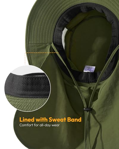 Sun Hats for Men Wide Brim Bucket Hat with Neck Flap for Fishing & Hiking Mens Sun Hat for UV Protection - color: Dark Green