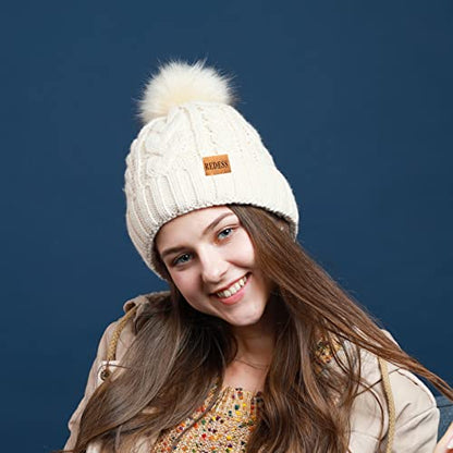 REDESS Women Winter Pompom Beanie Hat with Warm Fleece Lined Thick Slouchy Snow Knit Hat Skull Ski Cap - color: Dark Gray