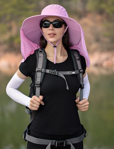 HUAMULAN Women Men Wide Brim Sun Hat Hiking Fishing Hats with Neck Flap - color: Lavender Pink ‌with Mesh Panel