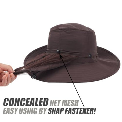 USHAKE Head Net Hat, Safari Hat Sun Hat Bucket Hat with Hidden Net Mesh - color: Dark Brown