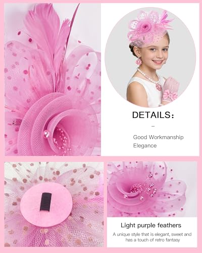 Girls Tea Party Fascinators Hats Girls Church Hats 20s 50s Pillbox Hat Cocktail Mesh Flower Pearl Feather Headband - color: Pink