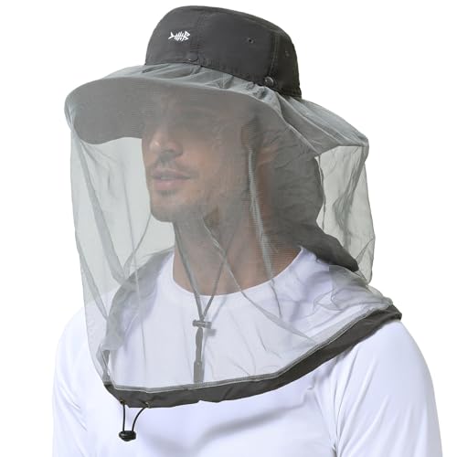 BASSDASH UPF 50+ Mosquito Sun Hat with Hidden Head Net and Neck Flap for Men Women Outdoor Fishing Hiking Camping - color: Dark Grey