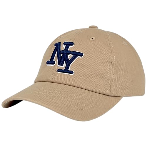 NY 3D Embroidered Dad Hat - New York Baseball Cap - color: Khaki With Navy Ny Logo